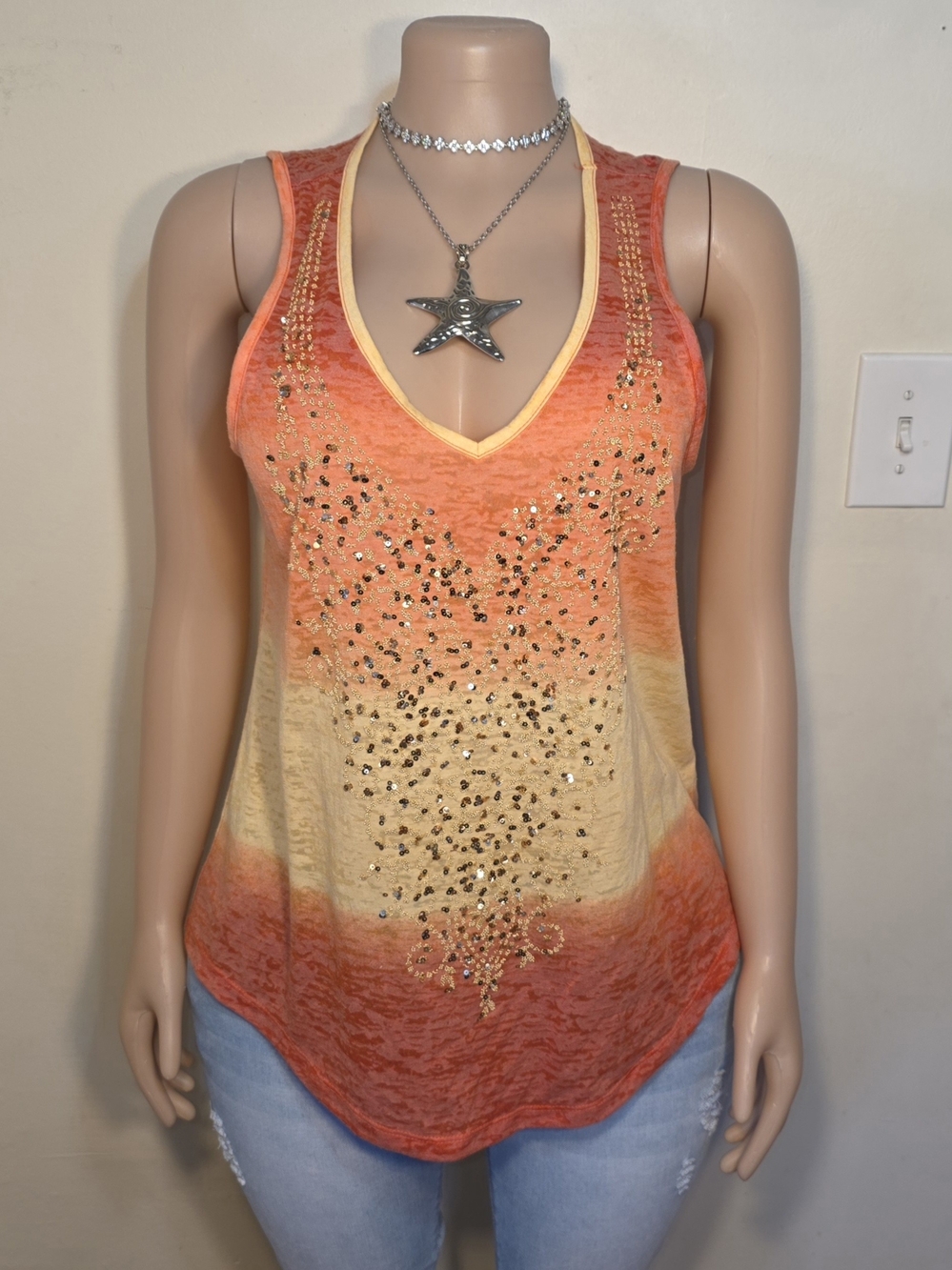 Tru Self Sequin Ombre V-Neck Tank Top in Orange and Cream